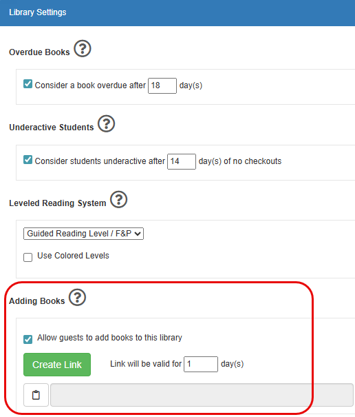 Library Settings options with Adding Books highlighted.