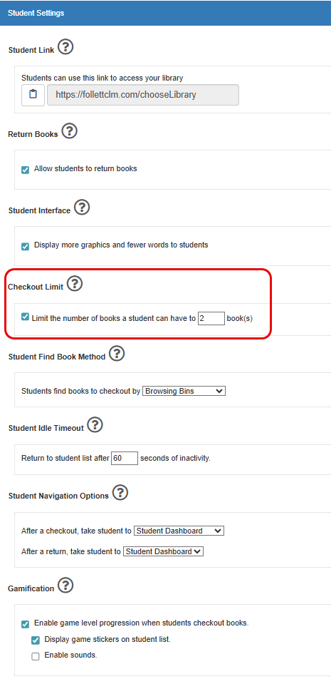 Student Settings option with Checkout Limit highlighted.