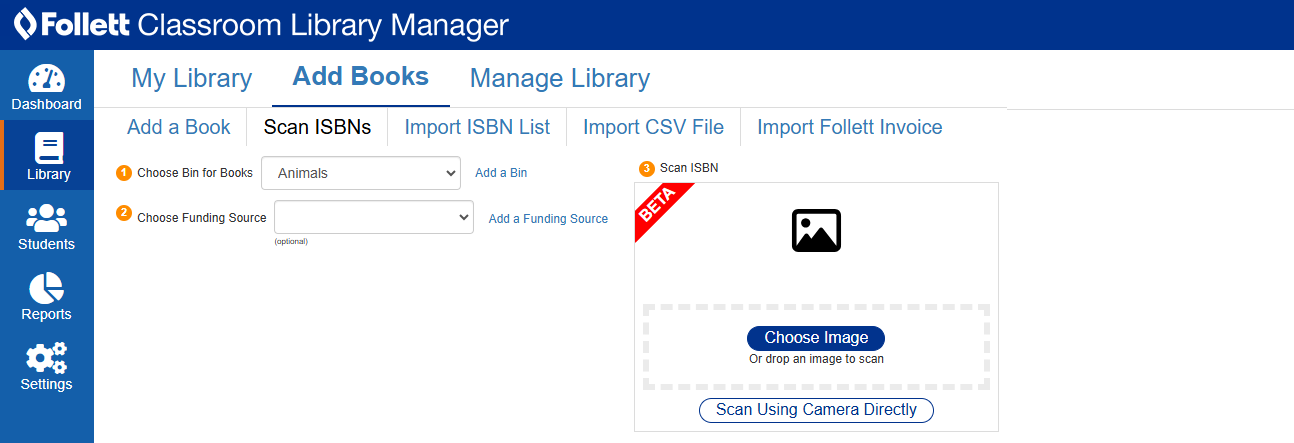 Scan ISBNs tab with Choose Image option.