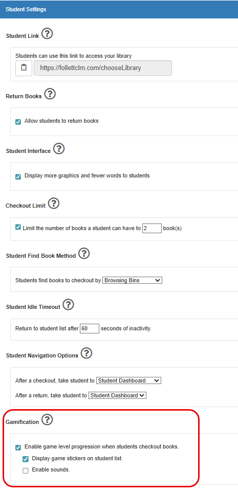 Student Settings options with Gamification highlighted.