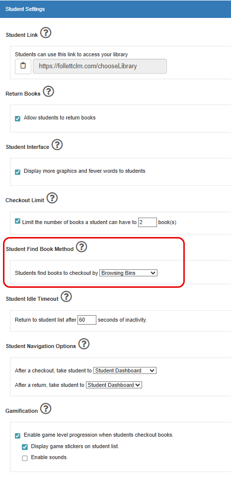 Student Settings options with Student Find Book Method highlighted.