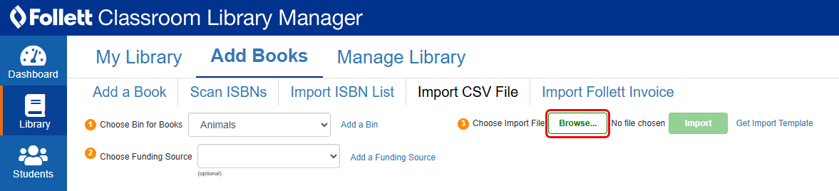 Import CSV File option with Browse button highlighted.