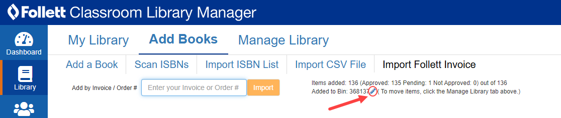 Import Follett Invoice option with Edit icon highlighted.
