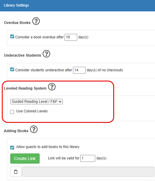 Library Settings options with Leveled Reading System highlighted.
