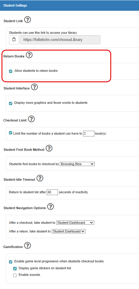Student Settings options with Return Books highlighted.