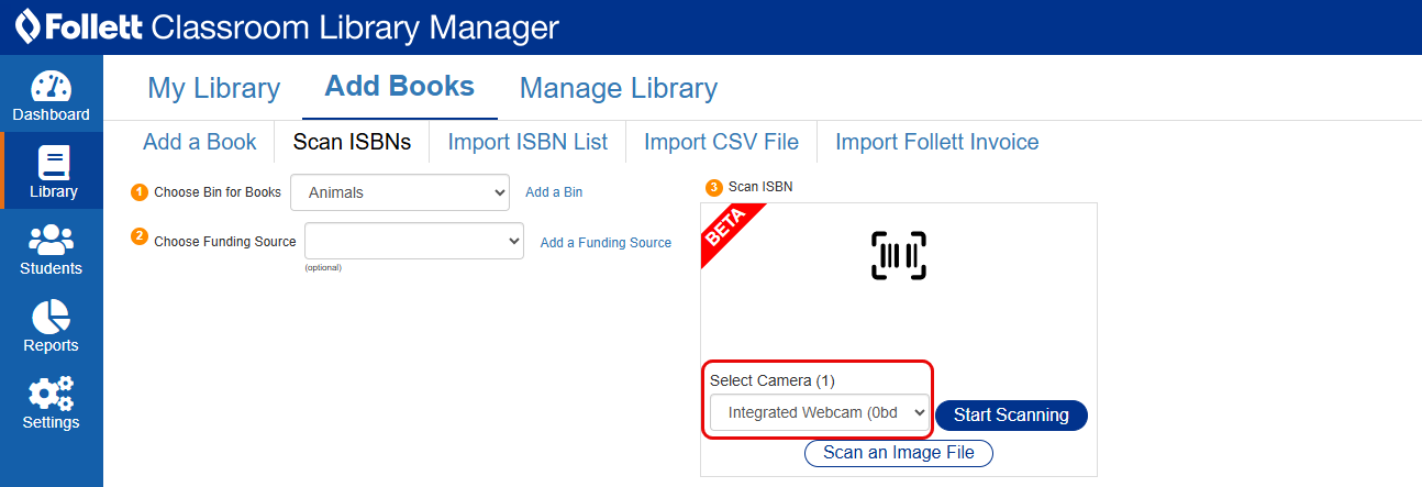 Scan ISBNs tab with Select Camera drop-down highlighted.