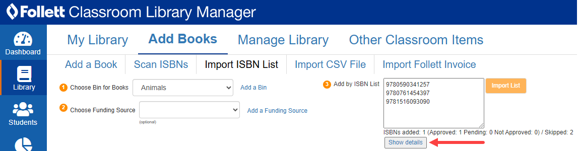 Import ISBN List option with Show Details highlighted.