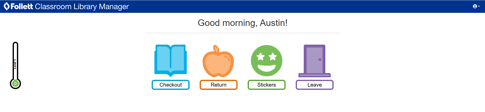 Student dashboard with options for checkout, return, stickers, and leave.
