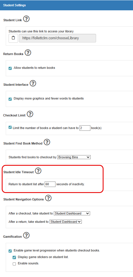Student Settings options with Student Idle Timeout highlighted.
