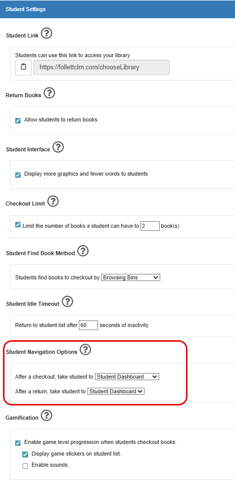 Student Settings options with Student Navigation Options highlighted.