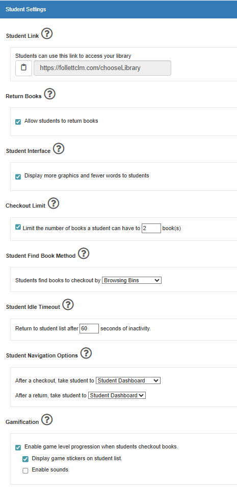 Options for customizing student settings.