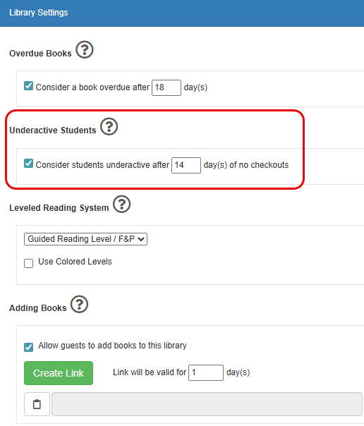 Library Settings options with Underactive Students highlighted.