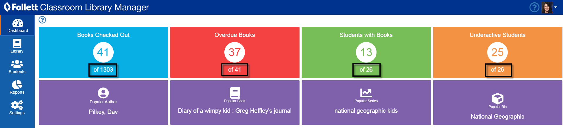 Dashboard page with counts of the total number of books and students.