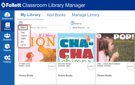 My Library tab with Title drop-down highlighted.