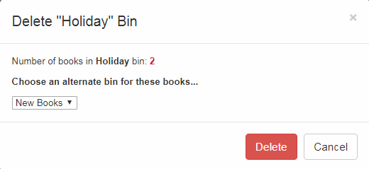 Pop-up for deleting a selected bin or choosing a different bin to move books to 