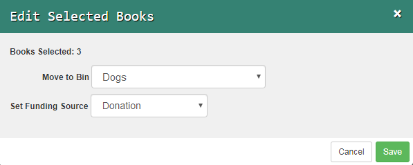Pop-up that lets you select which bin to move the books to and set a funding source.