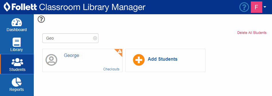 Students page with results filtered by Search field
