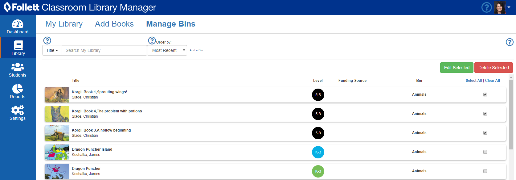 Library page with option to manage bins.