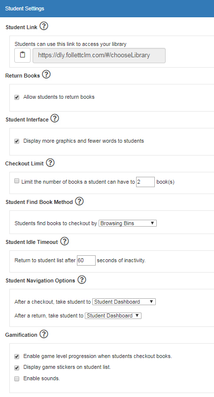 Options for customizing student settings