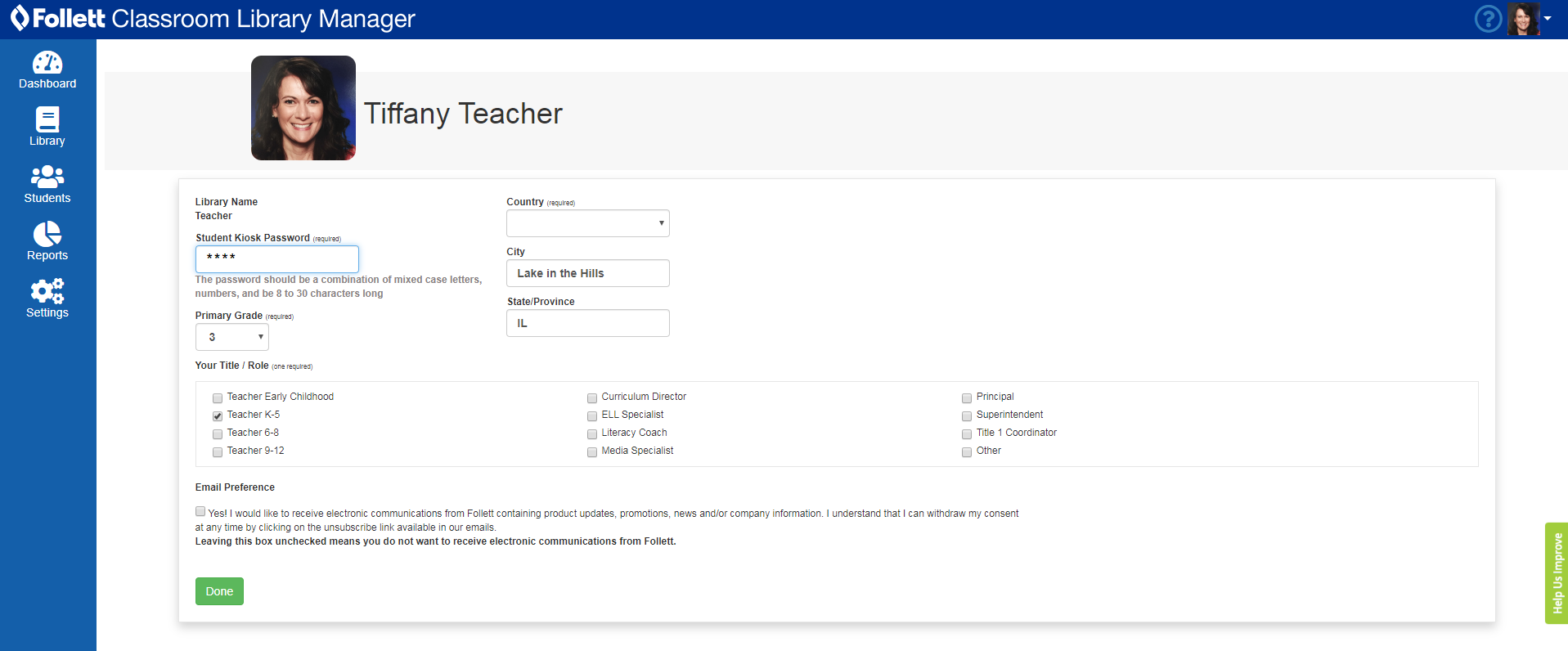 User profile page with details such as library name, grade and title.